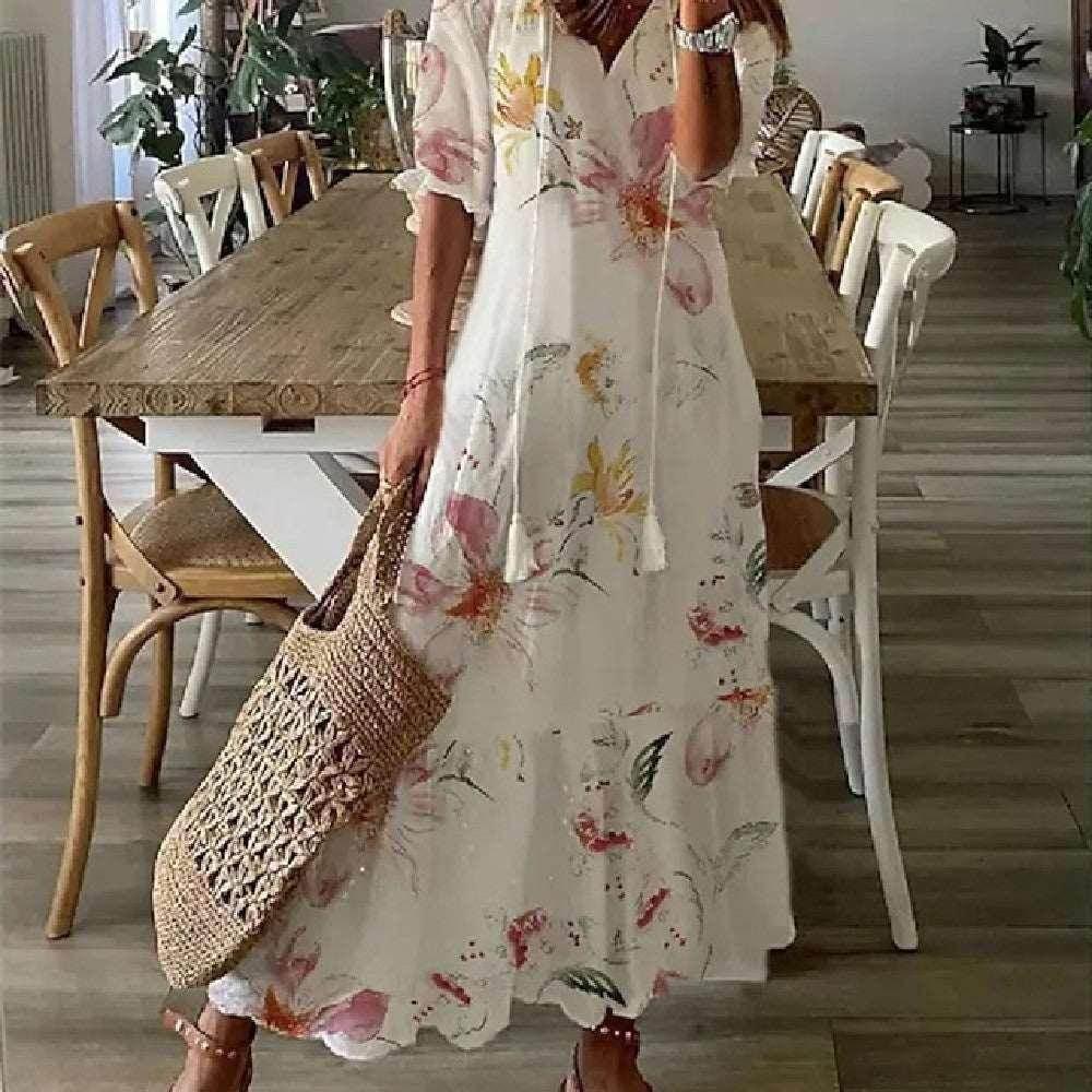 Floral V-Neck Long Dress – Elegant & Flowy Fit - ZA-Zola