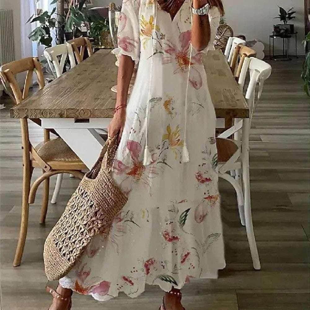 Floral V-Neck Long Dress – Elegant & Flowy Fit - ZA-Zola