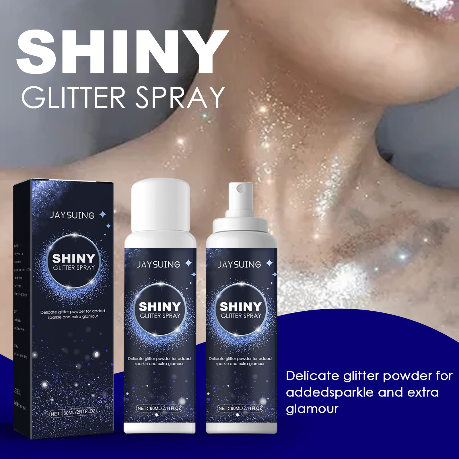 Shiny Glitter Spray products with packaging and application on skin.