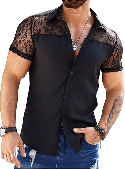 Man wearing a black shirt with sheer sleeves on a white background