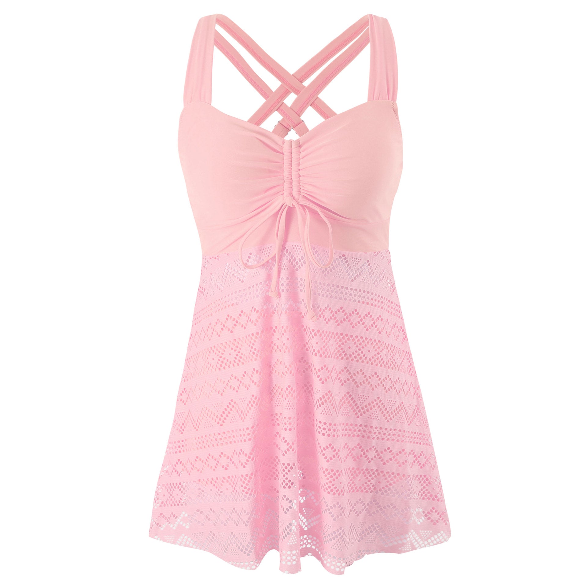 Pink lace dress with criss-cross straps on a white background