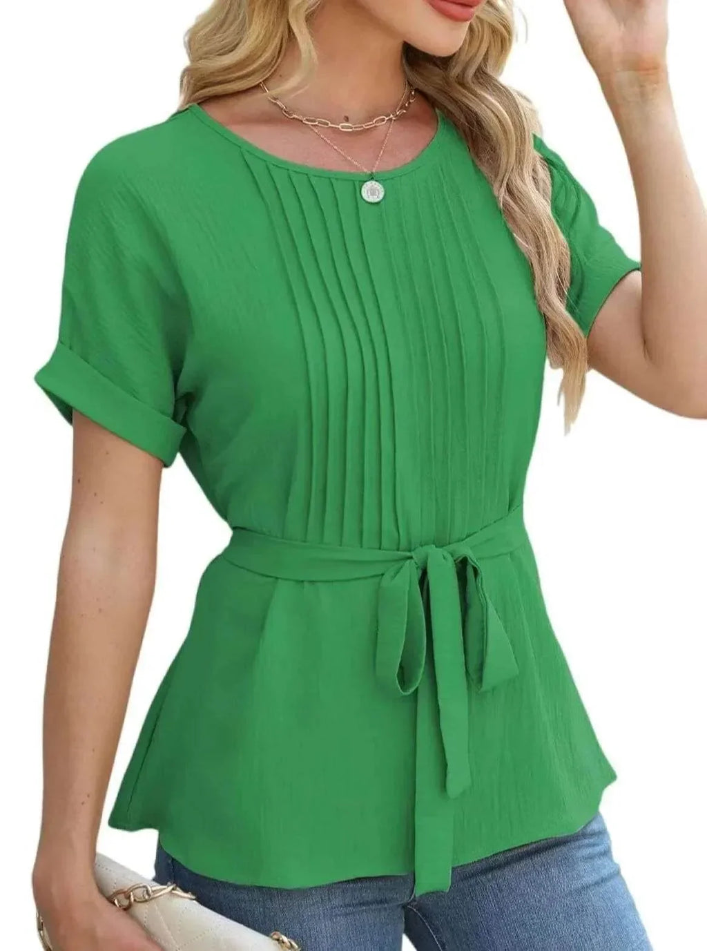 Ruffled Pleated Round Neck Short Sleeve Shirt - ZA-Zola