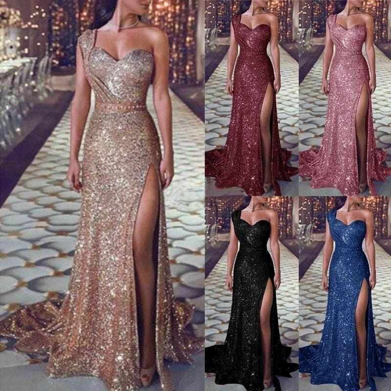 One-Shoulder Bronzing Split Dress – Elegant & Chic - ZA-Zola