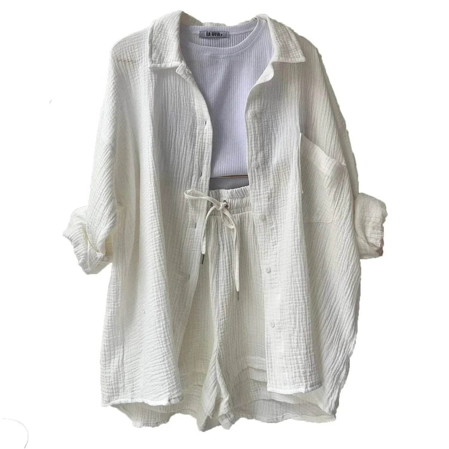 White cotton lounge set with long-sleeve shirt, drawstring shorts, and ribbed top from ZA-Zola
