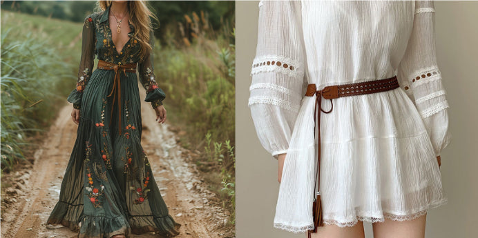 A split image showing two bohemian-style dresses: on the left, a dark green floral maxi dress worn by a model walking on a dirt path in a field; on the right, a close-up of a white short dress with lace sleeves and a brown belt.