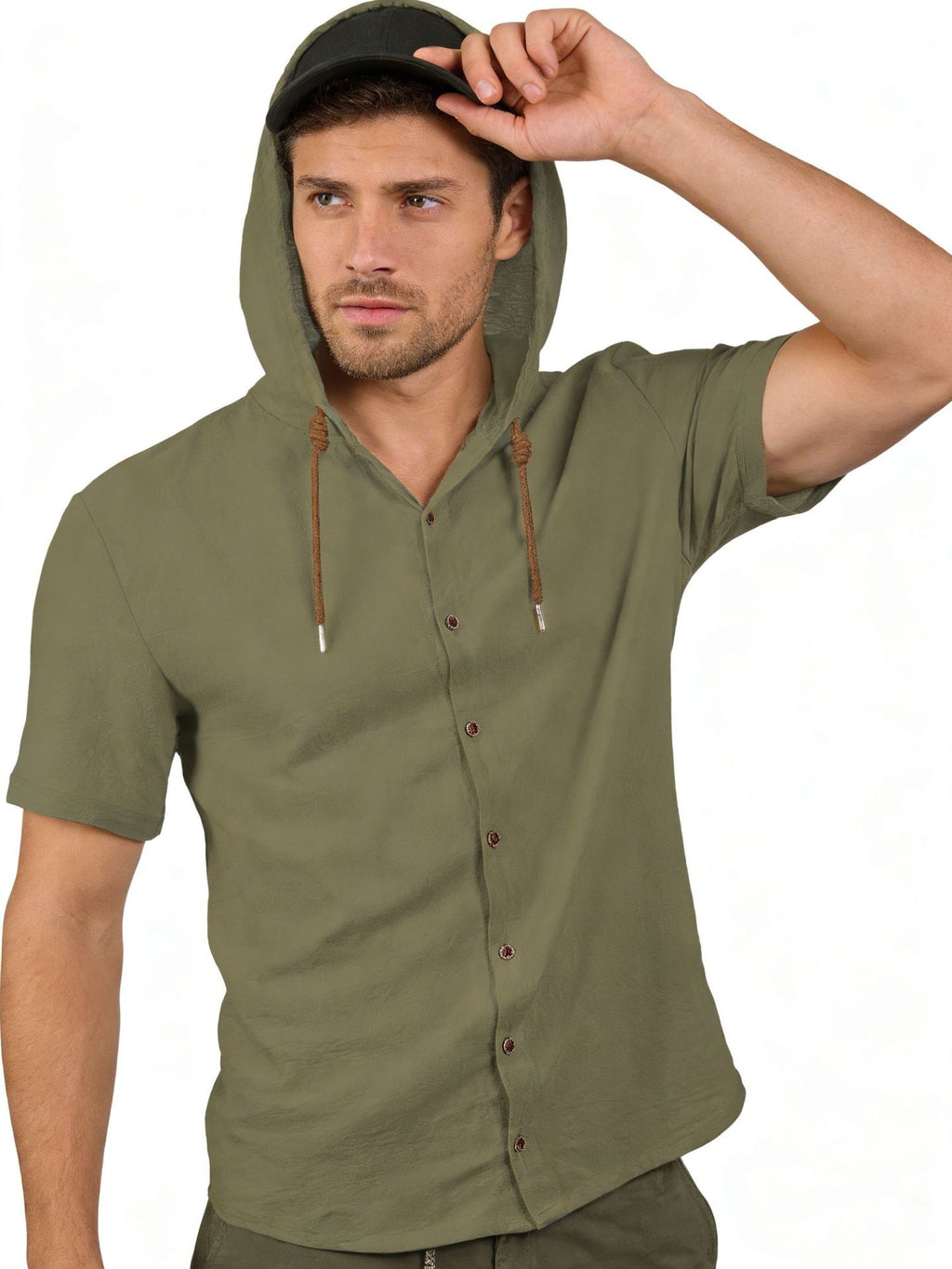 Man wearing a green hooded shirt with buttons on a white background