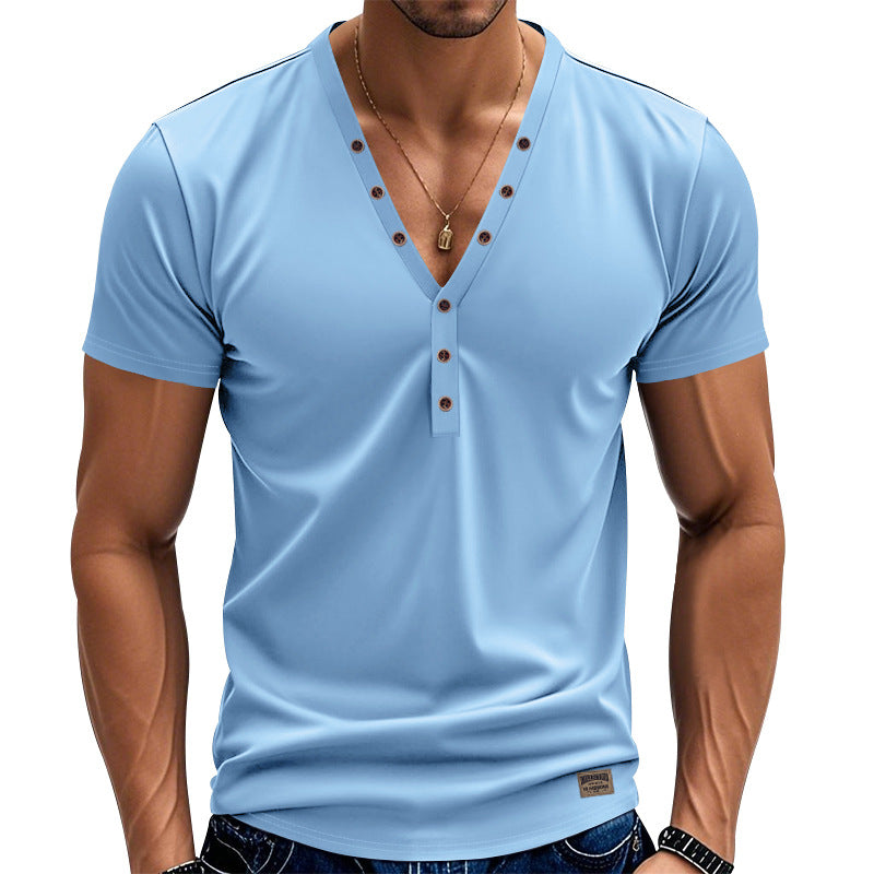 Light blue short-sleeve shirt with brown buttons on a white background