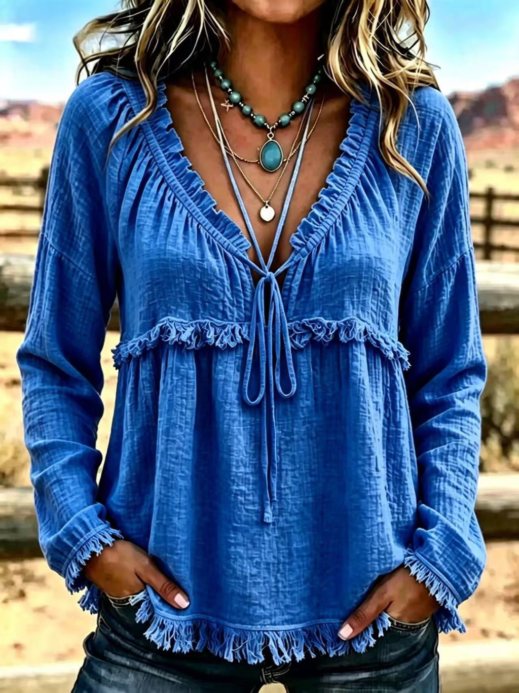V-Neck Turtleneck Long Sleeve Top – Solid Color Tee