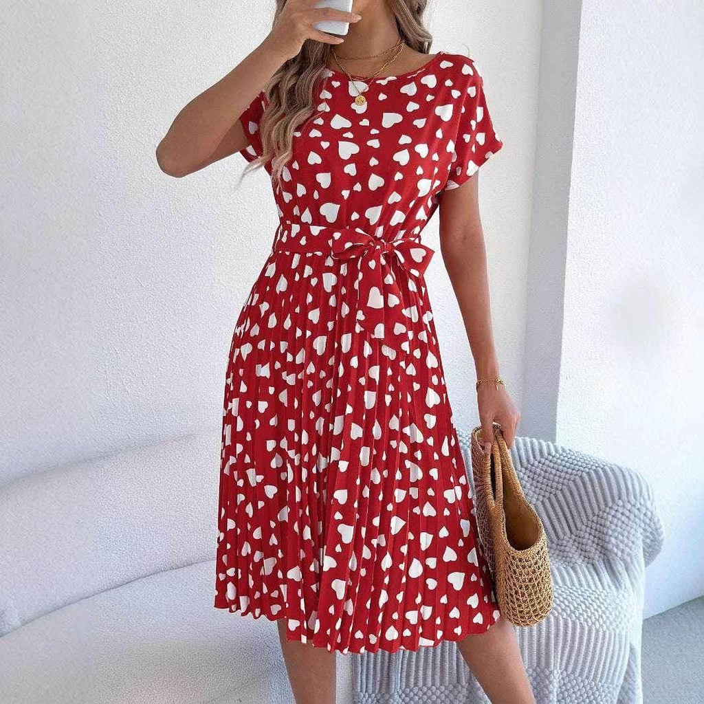 Pleated Heart Print Casual Dress – Mid Length - ZA-Zola