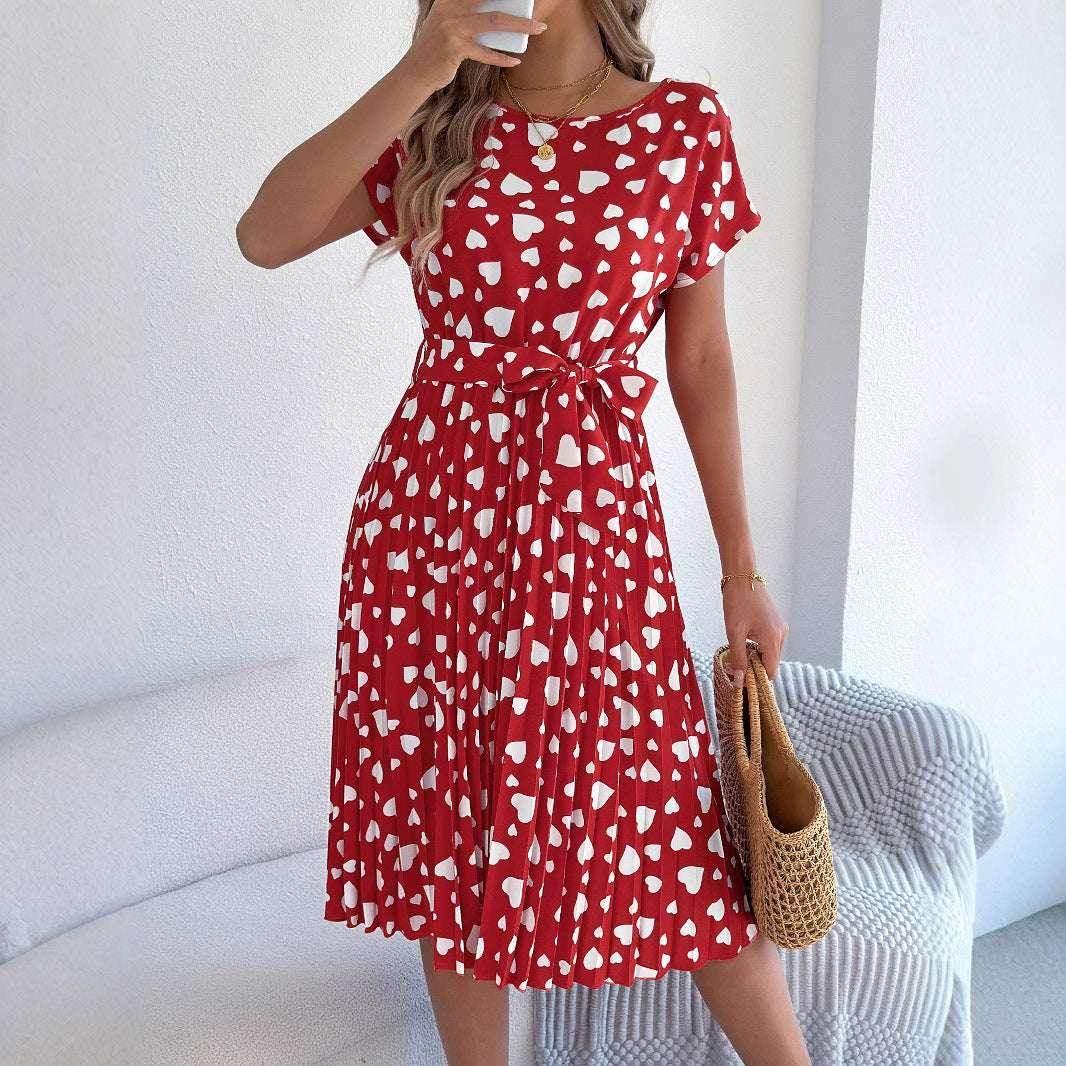 Pleated Heart Print Casual Dress – Mid Length - ZA-Zola