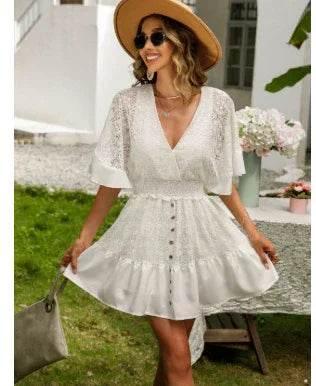V-Neck Lace A-Line Dress – Hollow-Out Summer Look - ZA-Zola