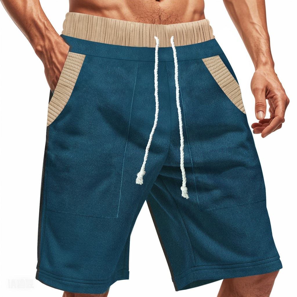 Blue shorts with beige accents on a white background