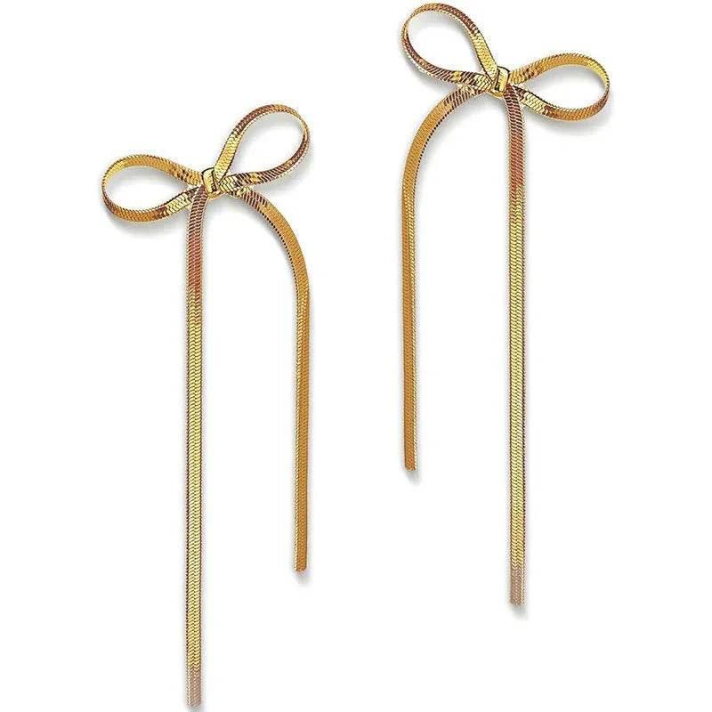 18k Gold Plated Bow Earrings – Hypoallergenic Herringbone Design - ZA-Zola