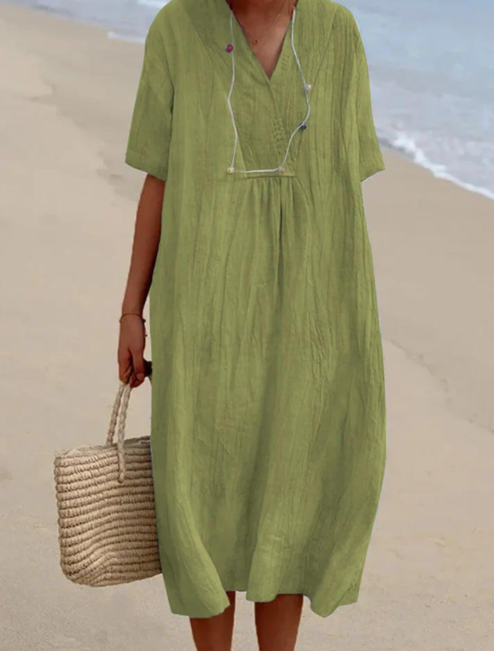 Women Cotton Linen V Neck Solid Color Long Dress Casual Summer Fashion Dress