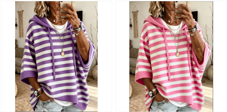 Two side-by-side views of a woman wearing a loose striped knit hoodie. The left version is purple and white striped, and the right version is pink and white striped.