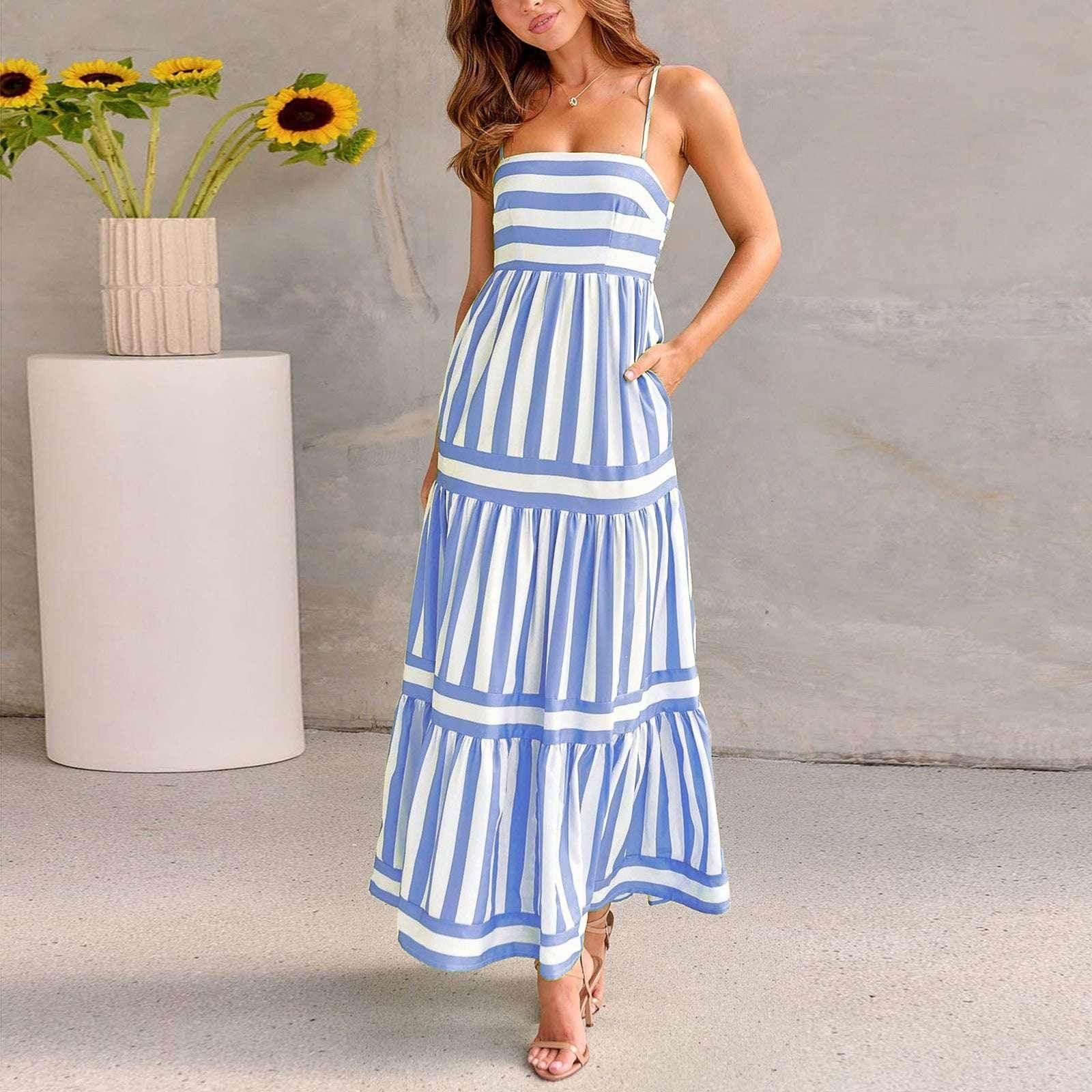 Women's Summer Striped Suspender Backless Dress with Pockets - ZA-Zola