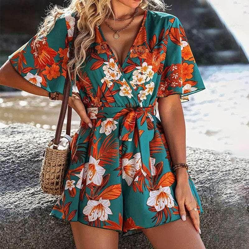 Beach Ruffle Sleeve Printed Jumpsuit – Summer Chic - ZA-Zola
