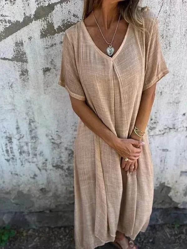 Cotton Linen V-Neck Semi-Formal Midi Dress - ZA-Zola