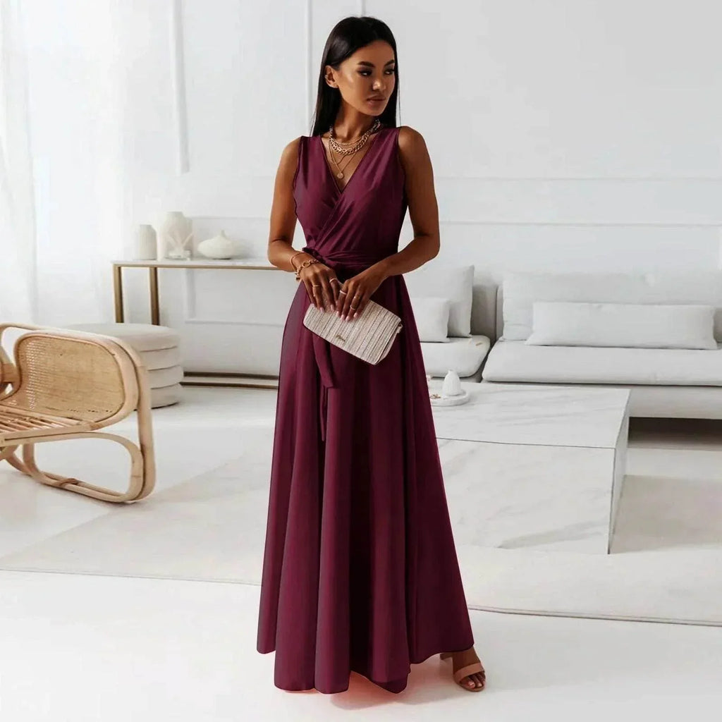 Elegant V-Neck Solid Color Formal Dress – Chic & Classy - ZA-Zola