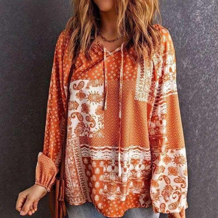 Ethnic Print Long Sleeve Women’s Blouse - ZA-Zola