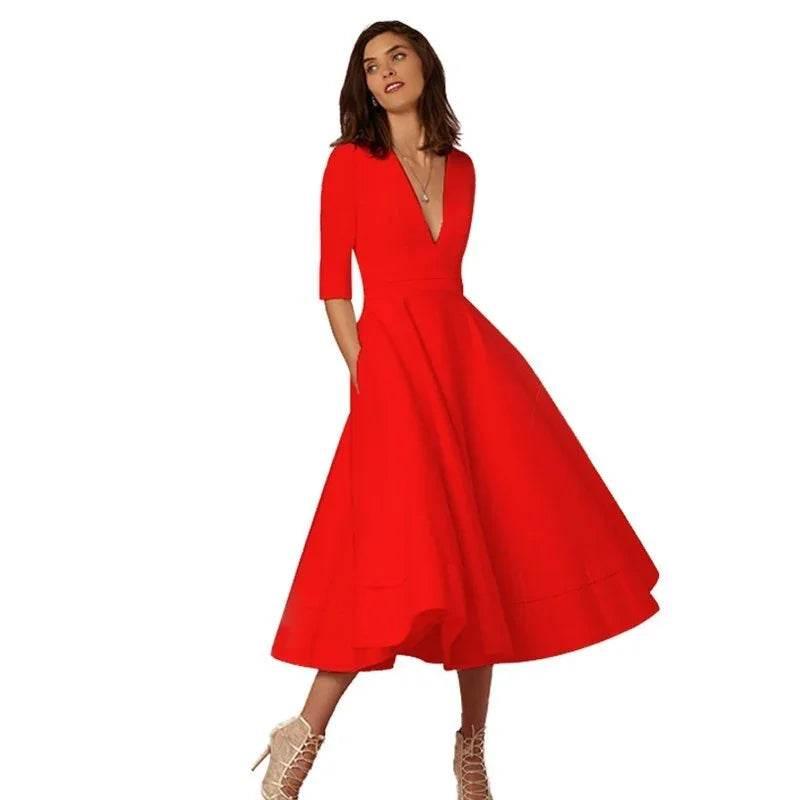 Retro 60s V-neck Swing Dress with Sleeves - ZA-Zola