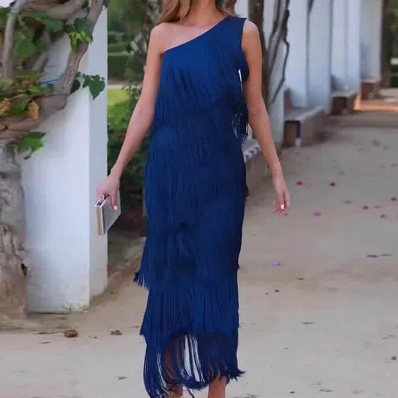 Women's Diagonal Collar Tassel A-Line Dress - ZA-Zola