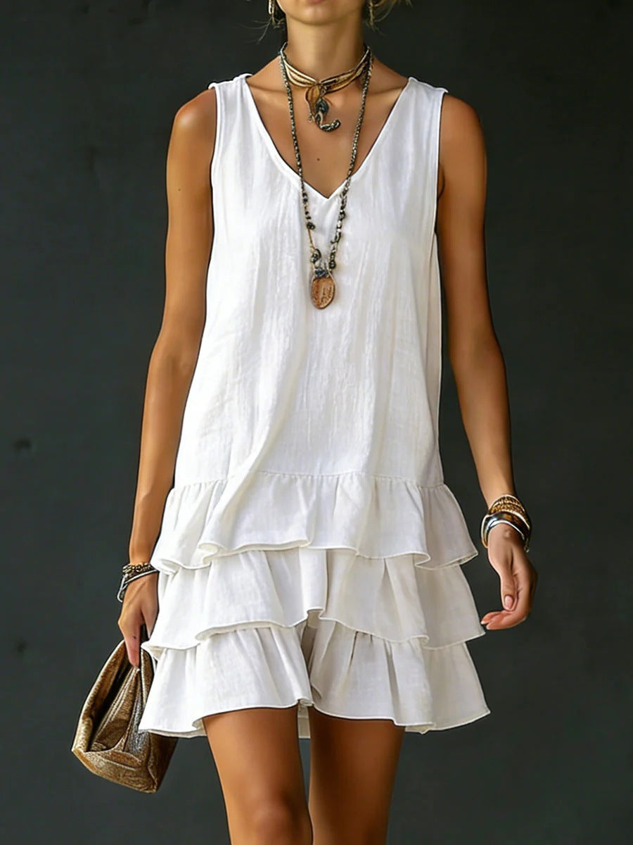 V-Neck Cotton Linen Women's Sleeveless Dress – Fashionable Mid-Length Straight Sundress