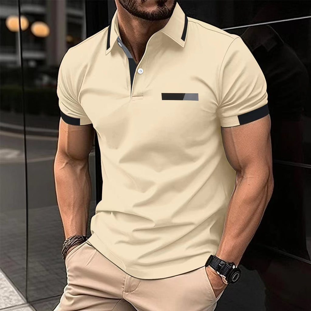 Men’s Casual Striped Lapel Business Polo Shirt with Faux Pocket