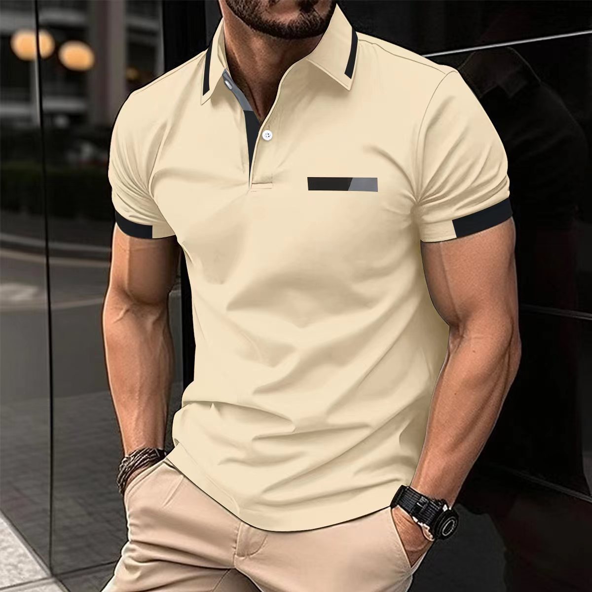 Men’s Casual Striped Lapel Business Polo Shirt with Faux Pocket