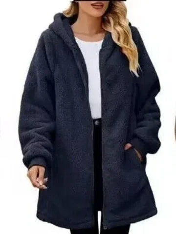 Women’s Plush Zip Hoodie Coat – Loose Long Sleeve Jacket - ZA-Zola
