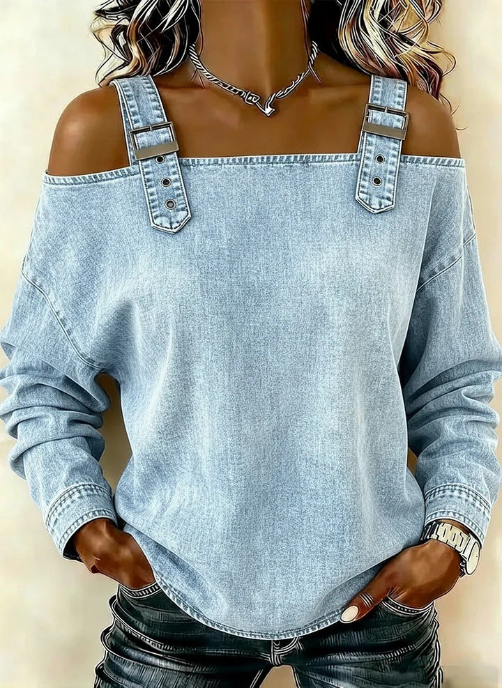 Denim off-shoulder top worn by a person on a beige background