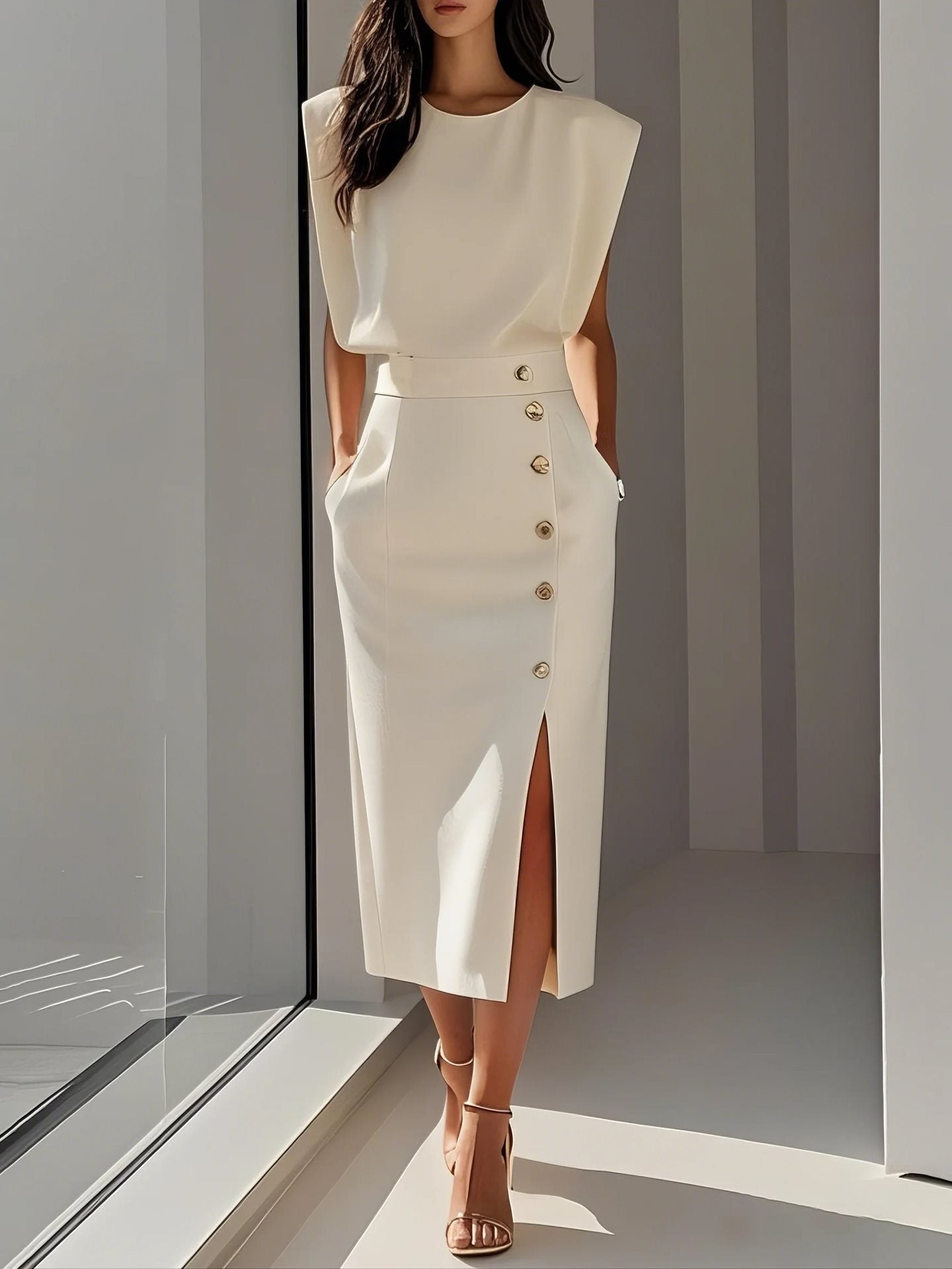 Woman wearing a white dress with gold buttons in a minimalistic setting