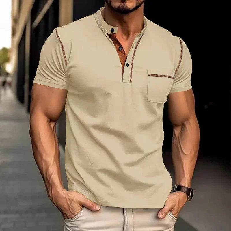 Men’s beige short sleeve henley shirt with chest pocket from ZA-Zola, stylish streetwear