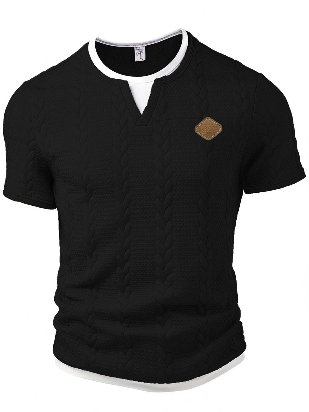 Black short-sleeve shirt with a brown patch on a white background