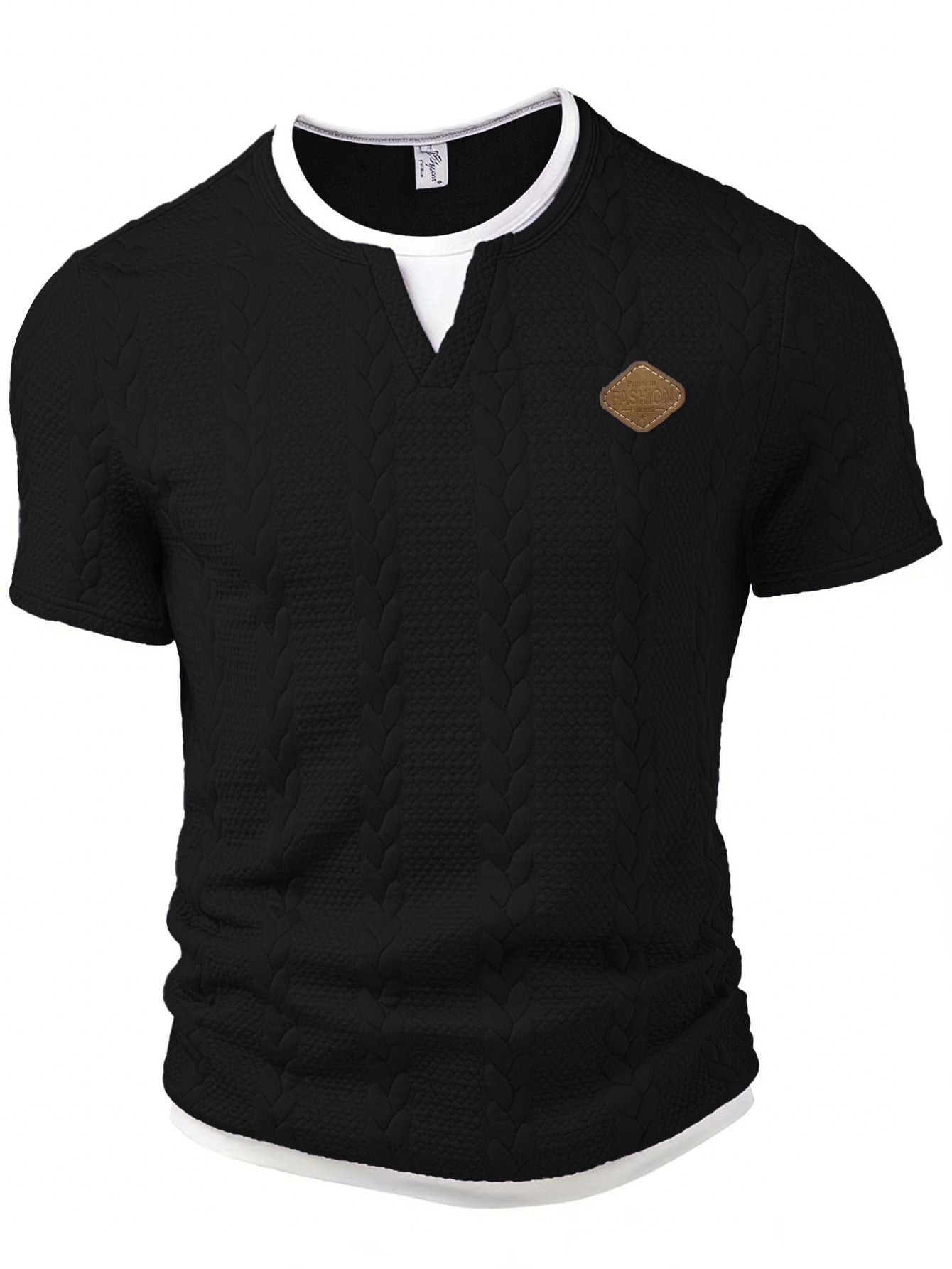 Black short-sleeve shirt with a brown patch on a white background