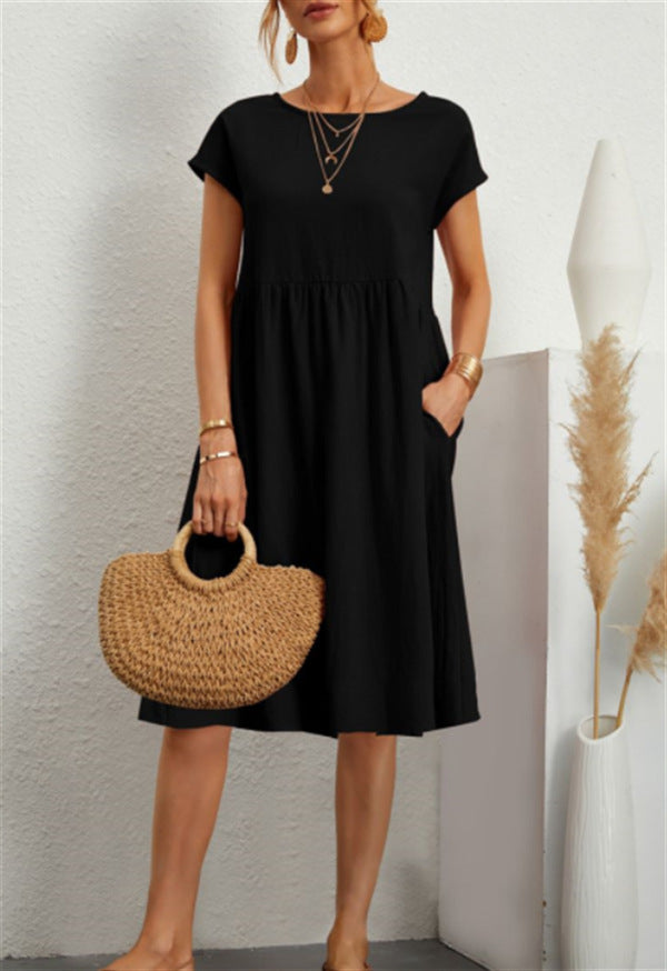Summer Short Sleeve Round Neck A-Line Dress With Pockets Women Solid Casual Cotton Summer Dress