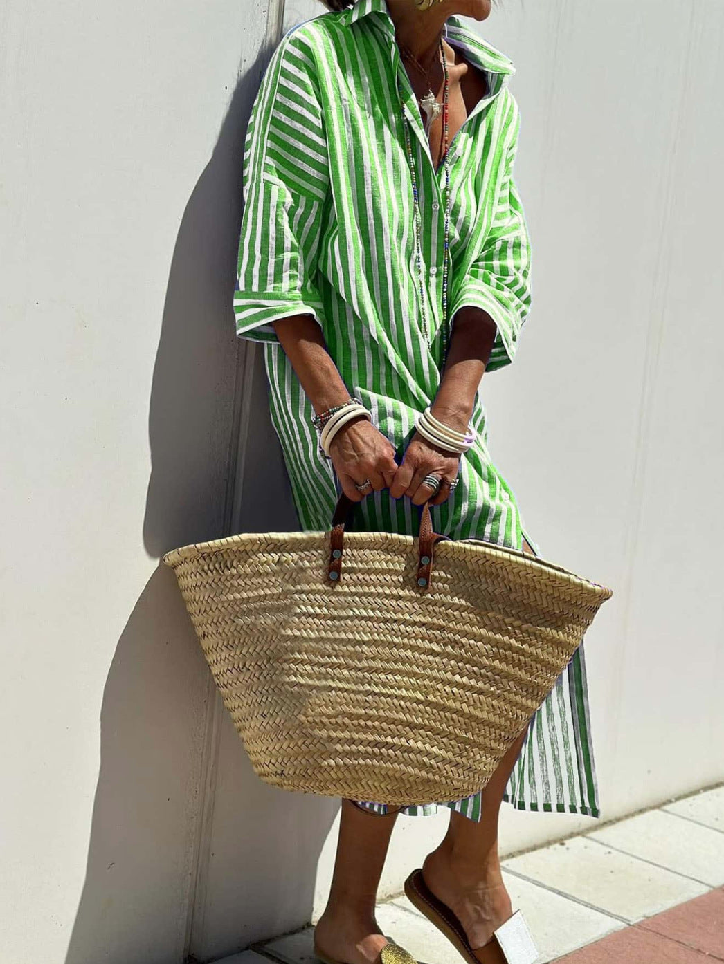 Striped Shirt Dress with Belt Half Sleeve Lapel Button Cardigan Dress Women's Fashion Clothing