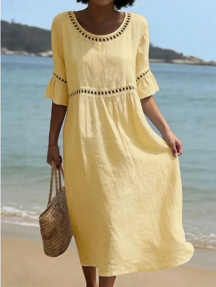 Elegant Casual Crew Neck Three Quarter Sleeve Solid Color Dress for Women