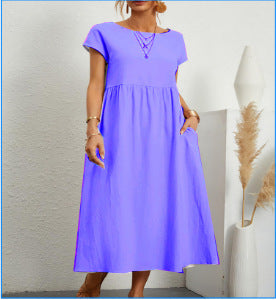 Summer Short Sleeve Round Neck A-Line Dress With Pockets Women Solid Casual Cotton Summer Dress