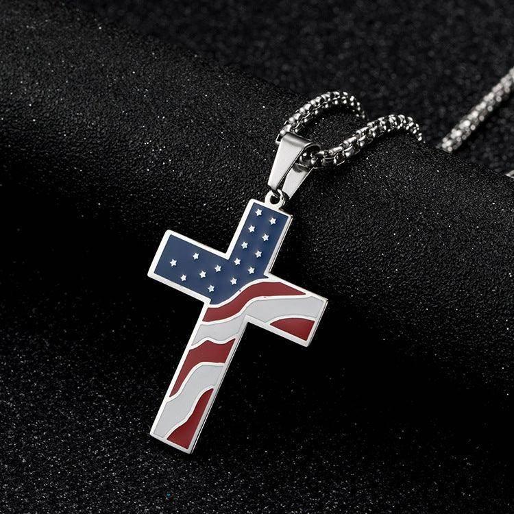 Men’s Flag Cross Necklace – Sleek Stainless Steel - ZA-Zola
