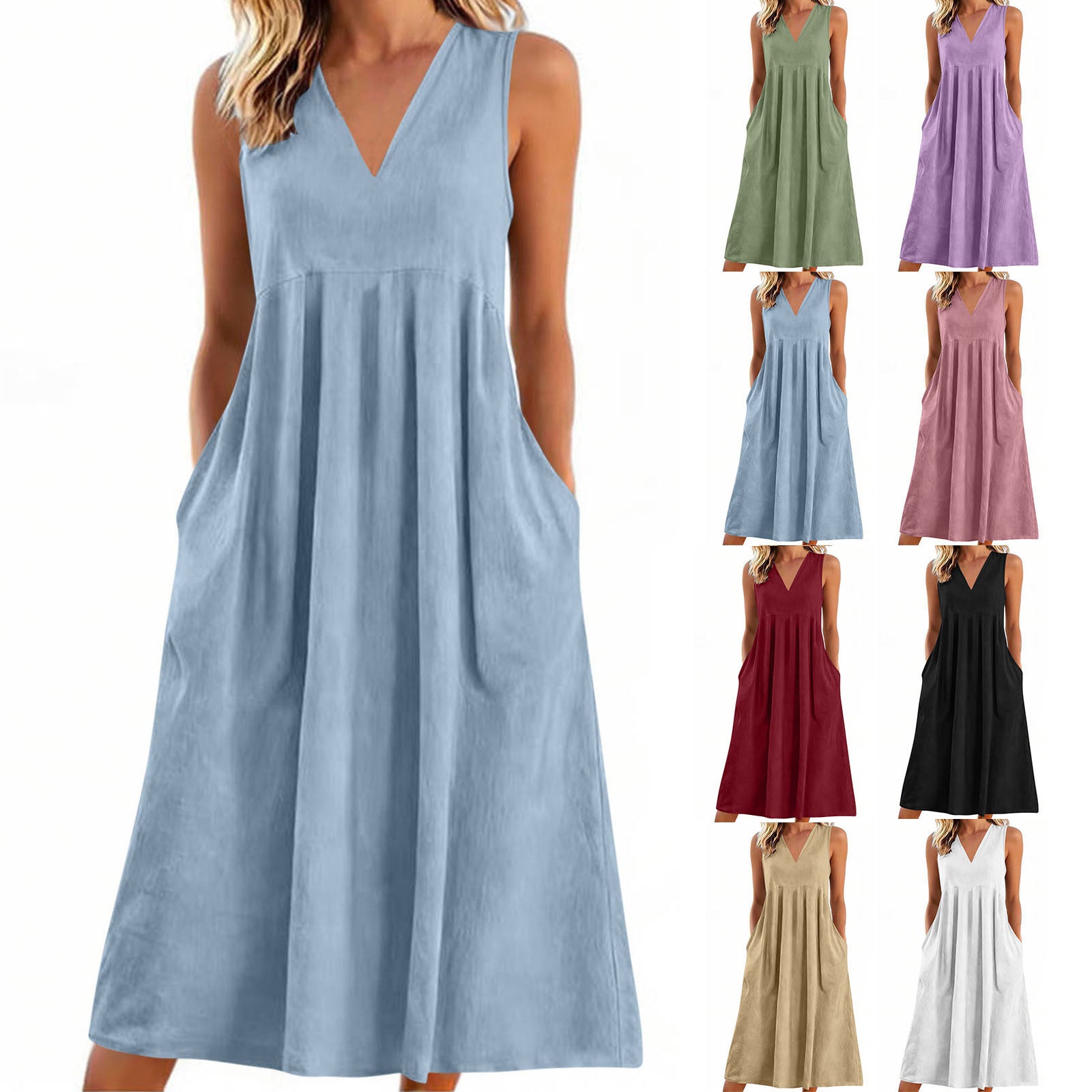 Woman wearing a light blue sleeveless dress with color options displayed below.