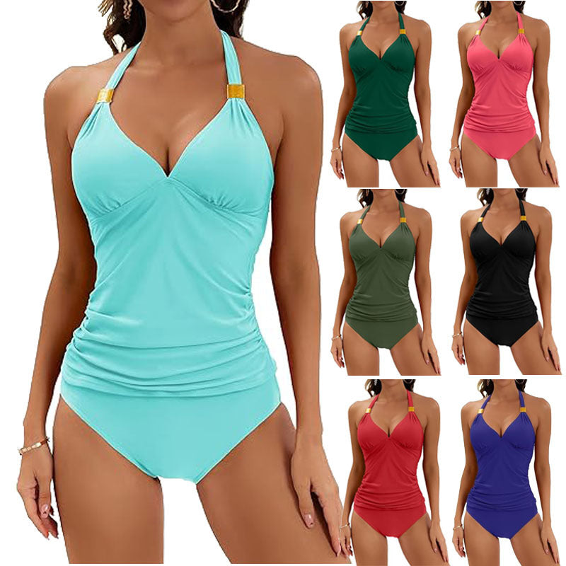 Collection of women's swimsuits in various colors on a white background