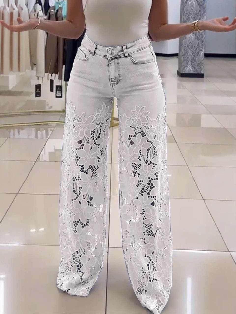 Y2K Lace Hollow Wide Leg Jeans – High Waist Fit - ZA-Zola