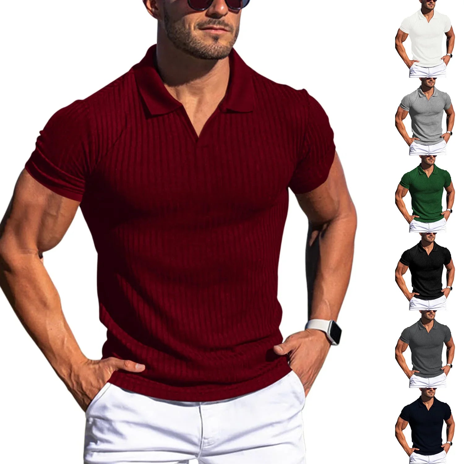 Man wearing a maroon ribbed polo shirt with a white background, surrounded by smaller images of the shirt in different colors.