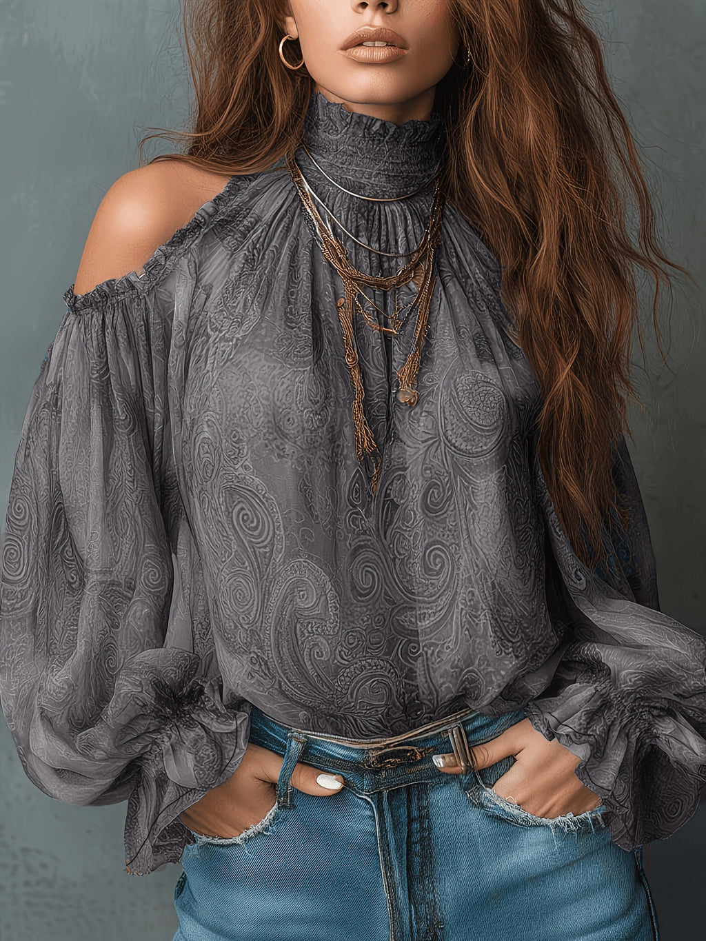 Woman wearing a gray patterned blouse and blue jeans against a gray background