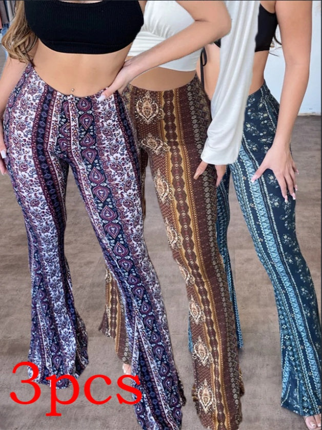 Three pairs of patterned pants displayed side by side on a neutral background.