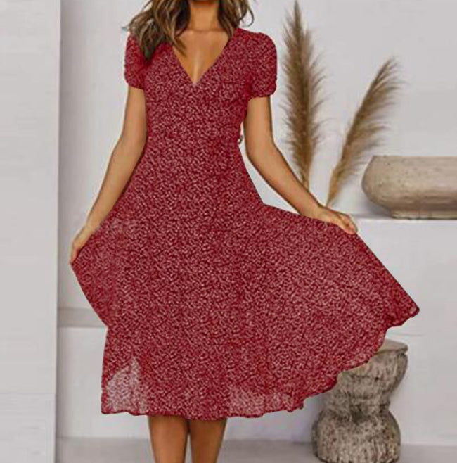 Printed V-Neck Short Sleeve Lace-Up Dress for Women