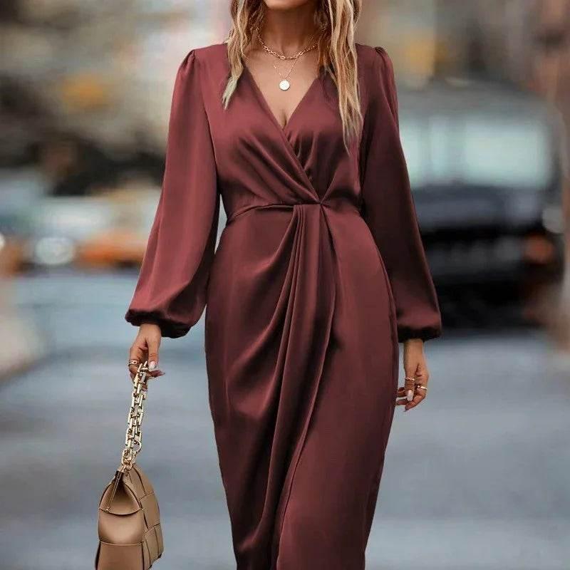 Elegant V-Neck Waist-Tight Long Split Dress - ZA-Zola