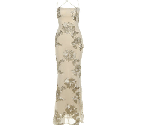 Beige strapless dress with floral lace details on a white background