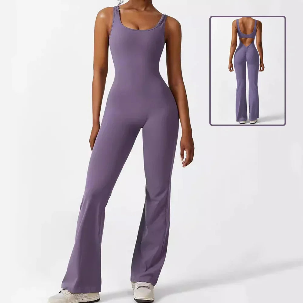 Women Sleeveless Flare Yoga Jumpsuit Long Pants Fitness Wear - ZA-Zola